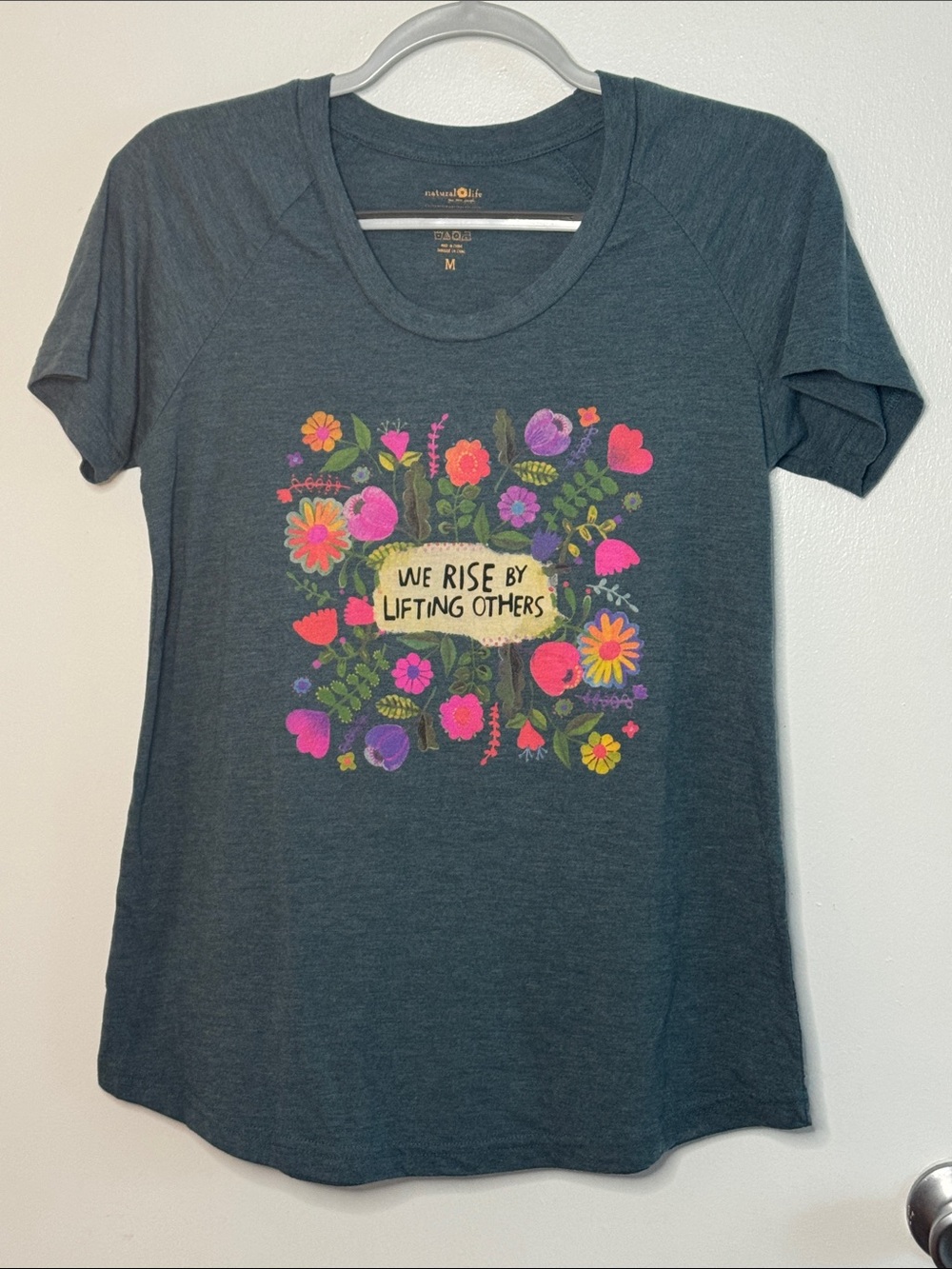 NATURAL LIFE Dark Gray Short Sleeve Tee with Colorful Floral Graphic